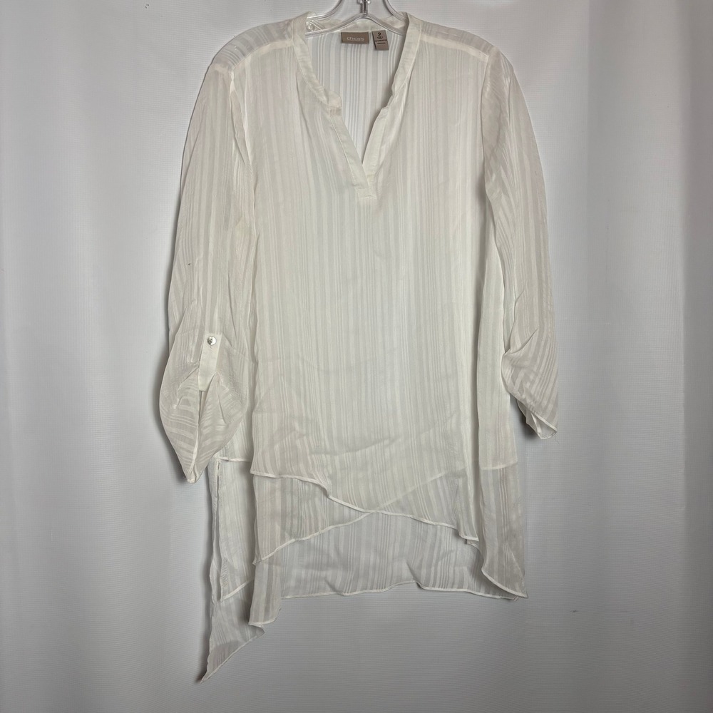 Chicos Sheer White Striped Popover Layered Asymmetrical Tunic Blouse 2 Beachy